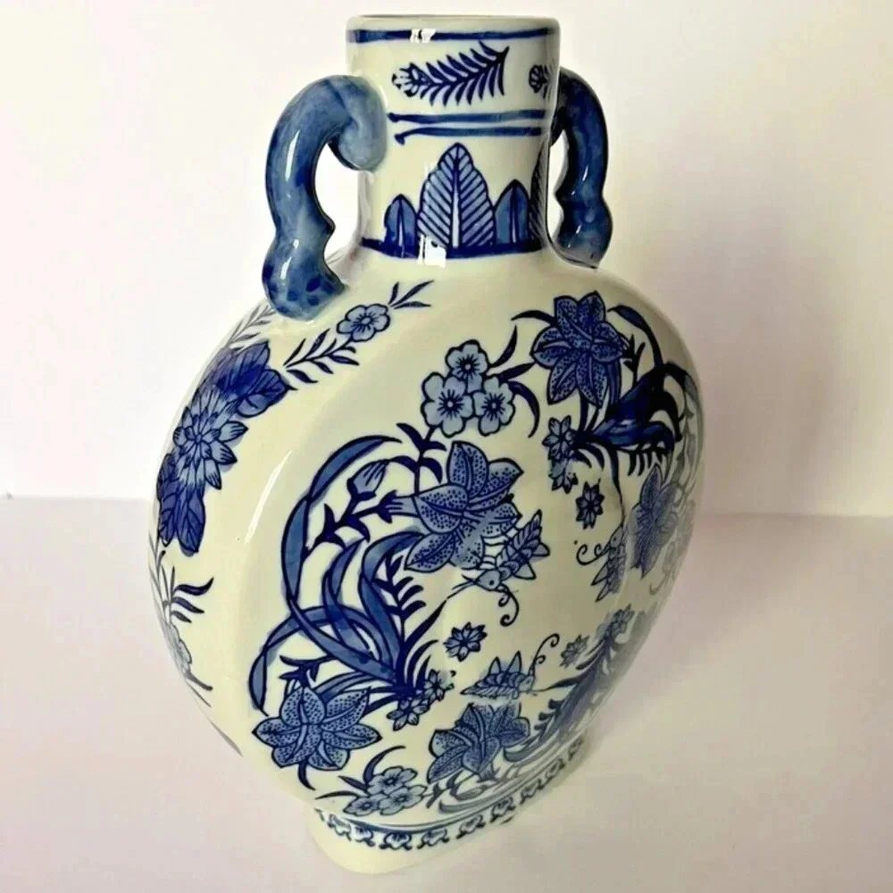 NEW Blue & White Floral Round Ceramic Bud Vase Jar with Handles 11